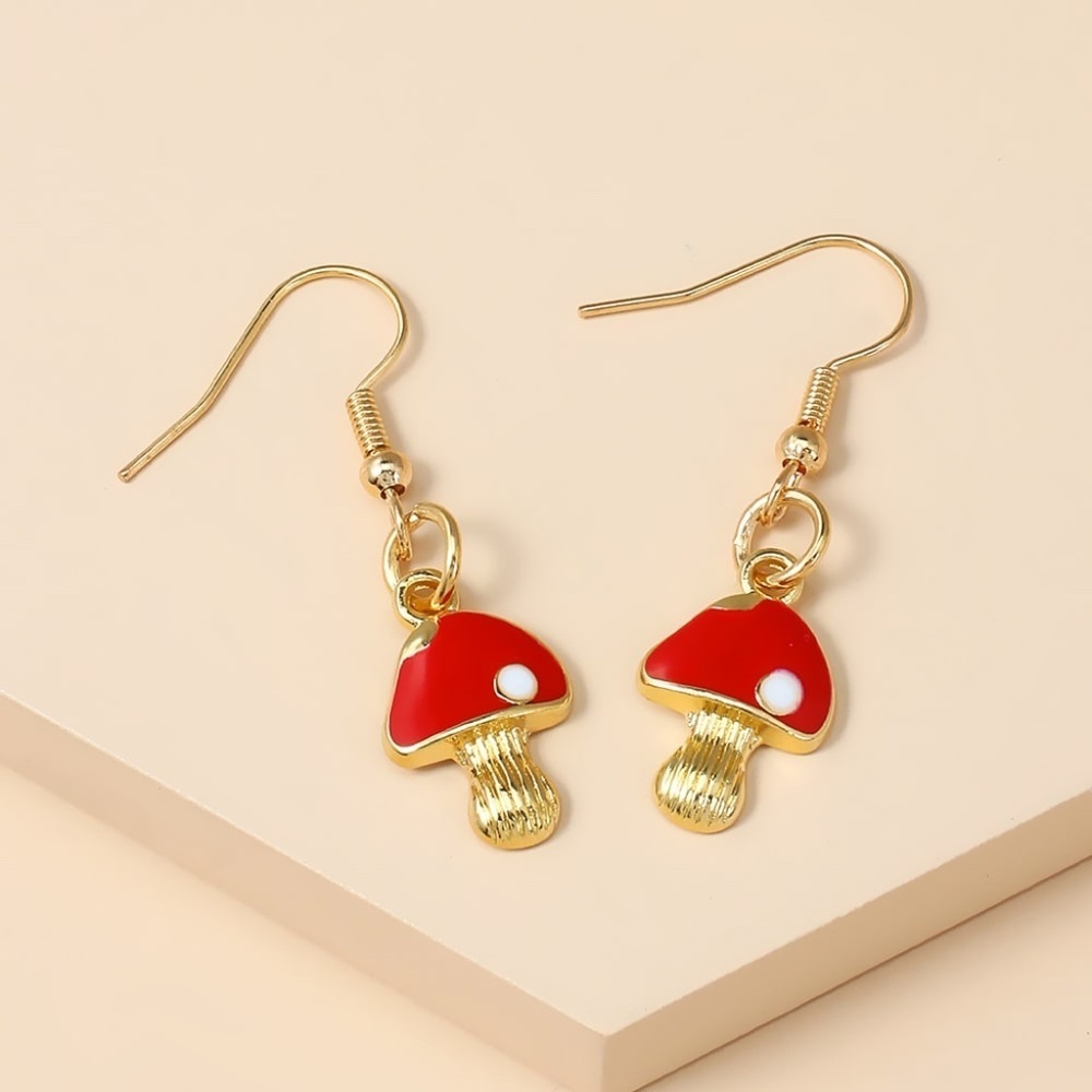 *ARYA* Gold x Red Mushroom Fashion Dangle Earrings